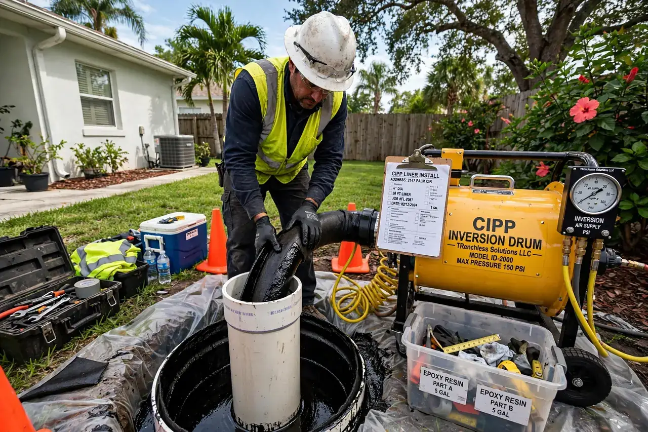 CIPP epoxy liner being installed into a sewer pipe