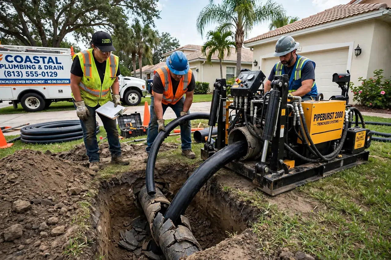 Pipe bursting rig pulling new HDPE pipe through an old sewer line