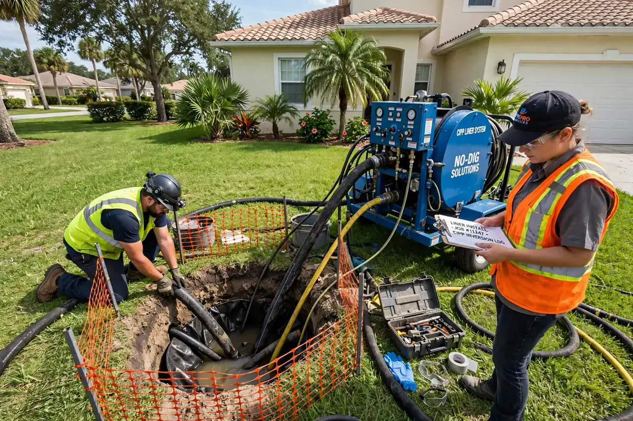 Trenchless sewer repair access pit with liner equipment, lawn left intact